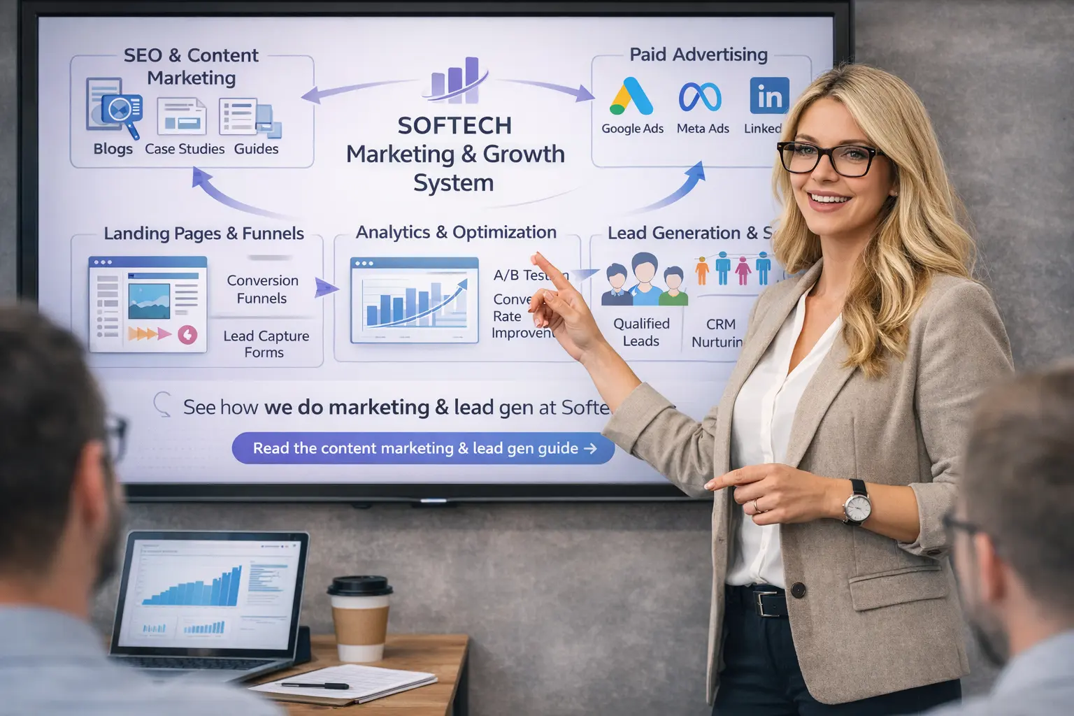 Softech marketing growth system combining SEO, campaigns, content, CRM and AI lead generation