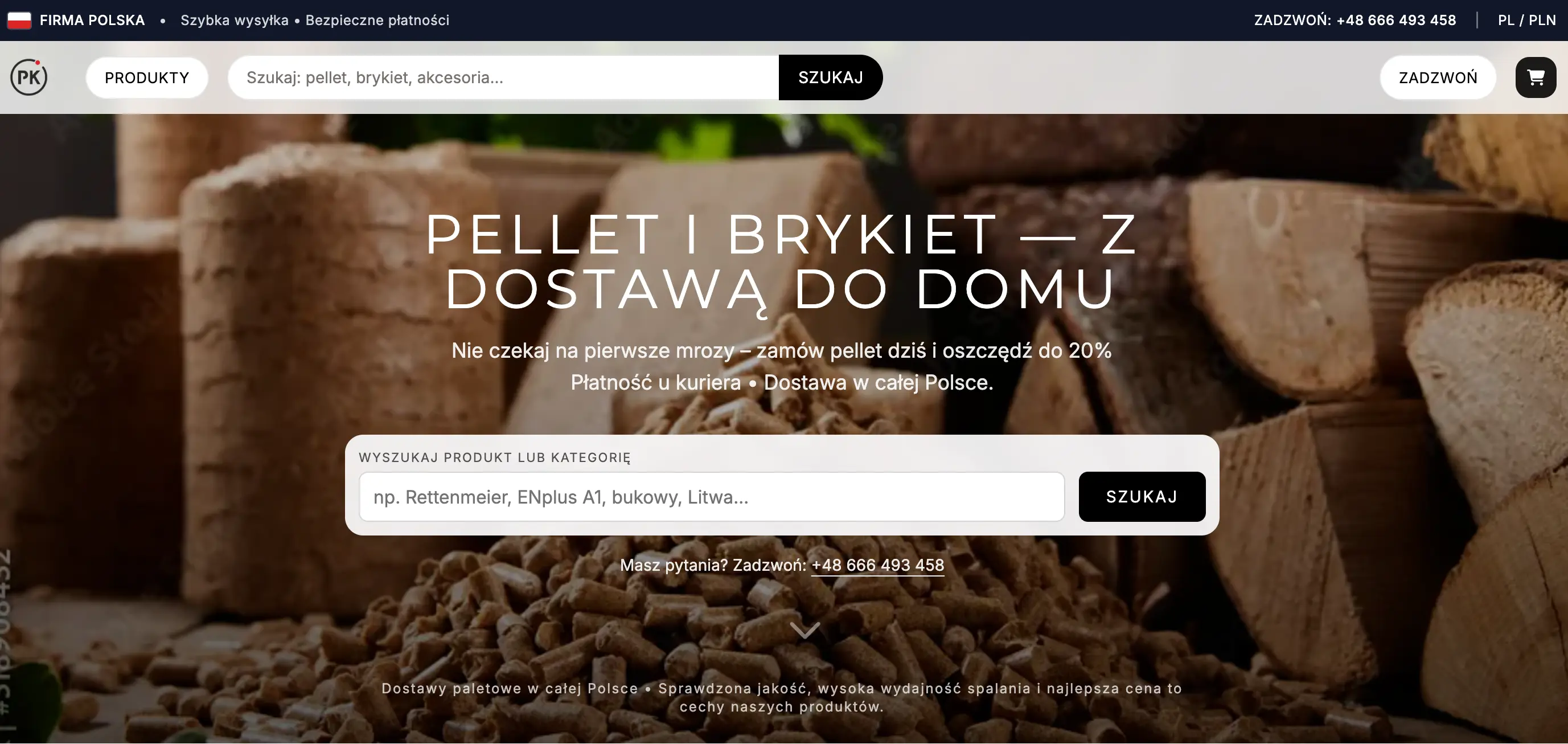 Homepage of the Zamów Pellet store