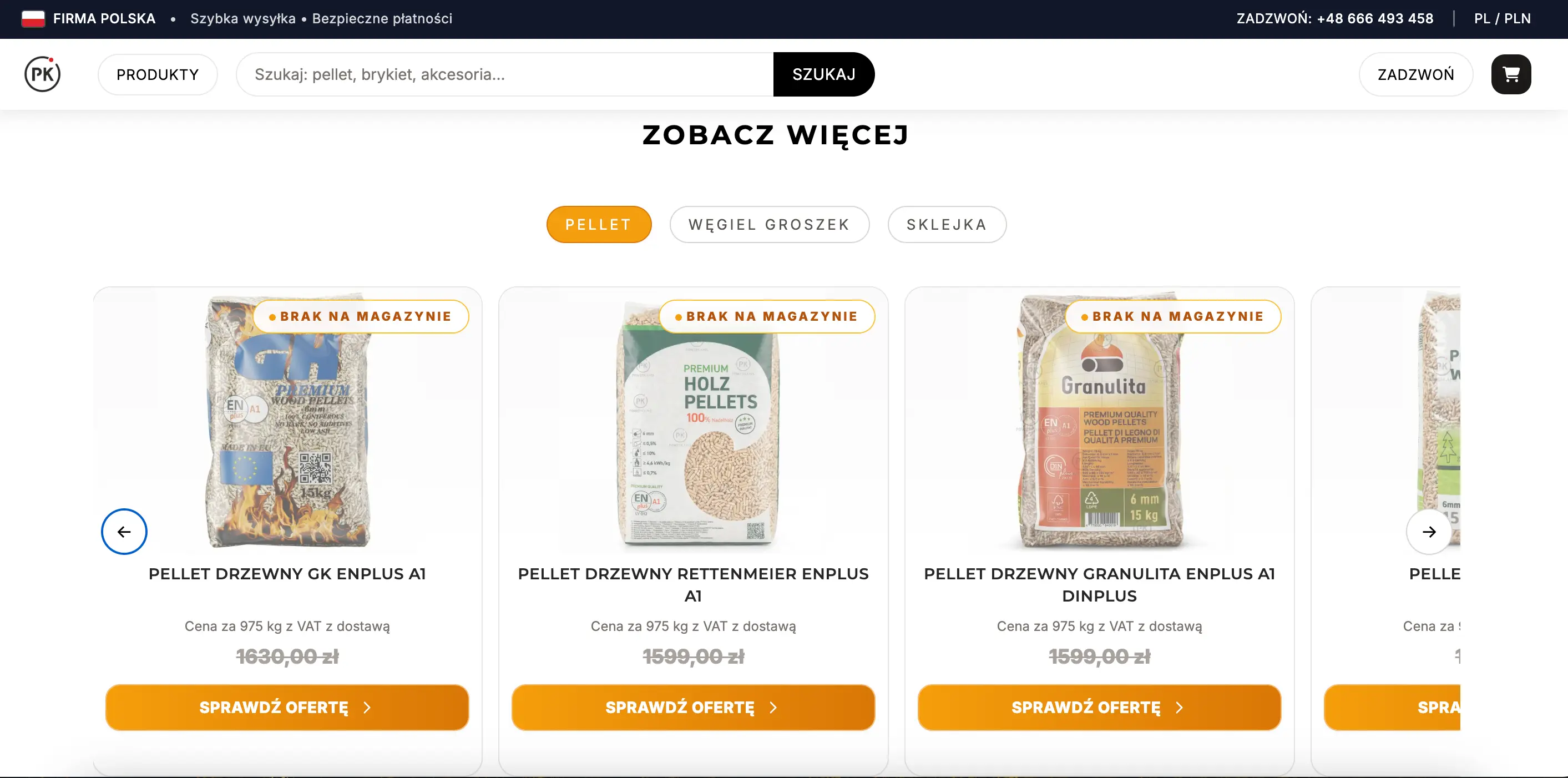 Widok sklepu internetowego Zamów Pellet