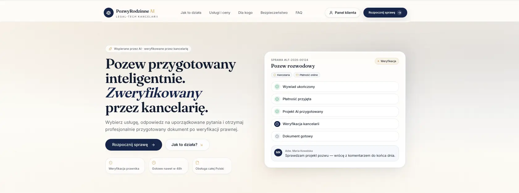 Platforma LegalTech PozwyRodzinne.pl z inteligentnym wywiadem AI, automatyzacją dokumentów i panelem operacyjnym kancelarii