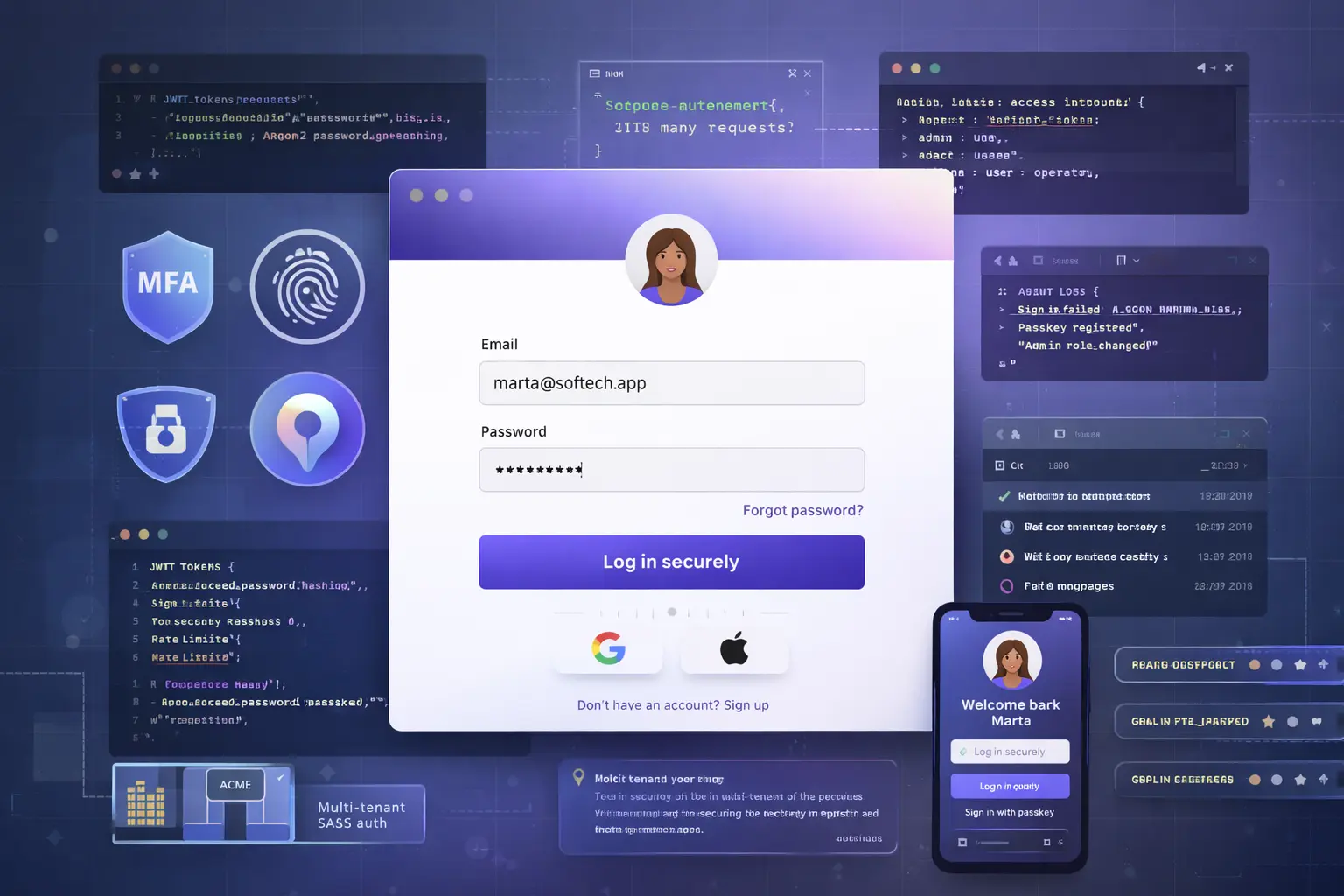 Custom authentication system architecture with secure login and modern UX design