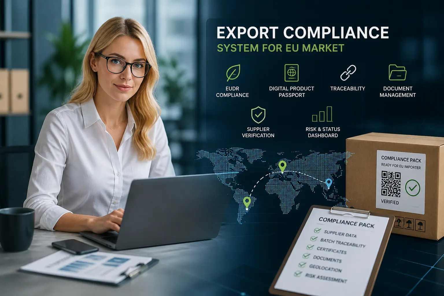 Export compliance system for small suppliers selling products to the European Union with traceability, documents and supplier data