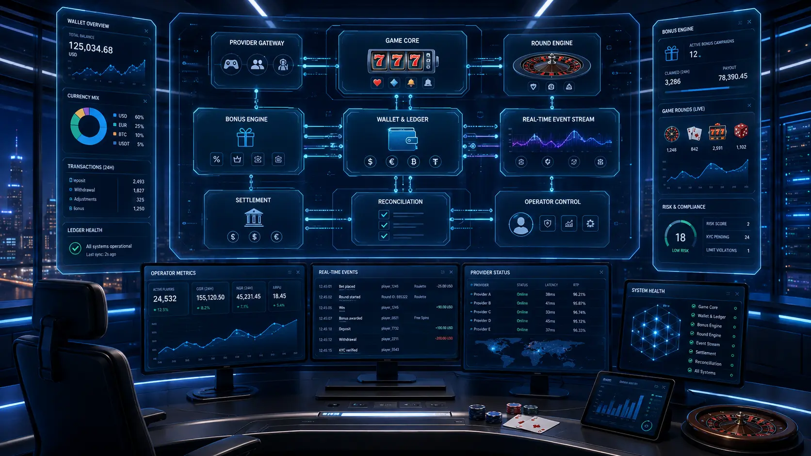 Production iGaming platform architecture with player, wallet, bonus, game core, settlement and operator systems
