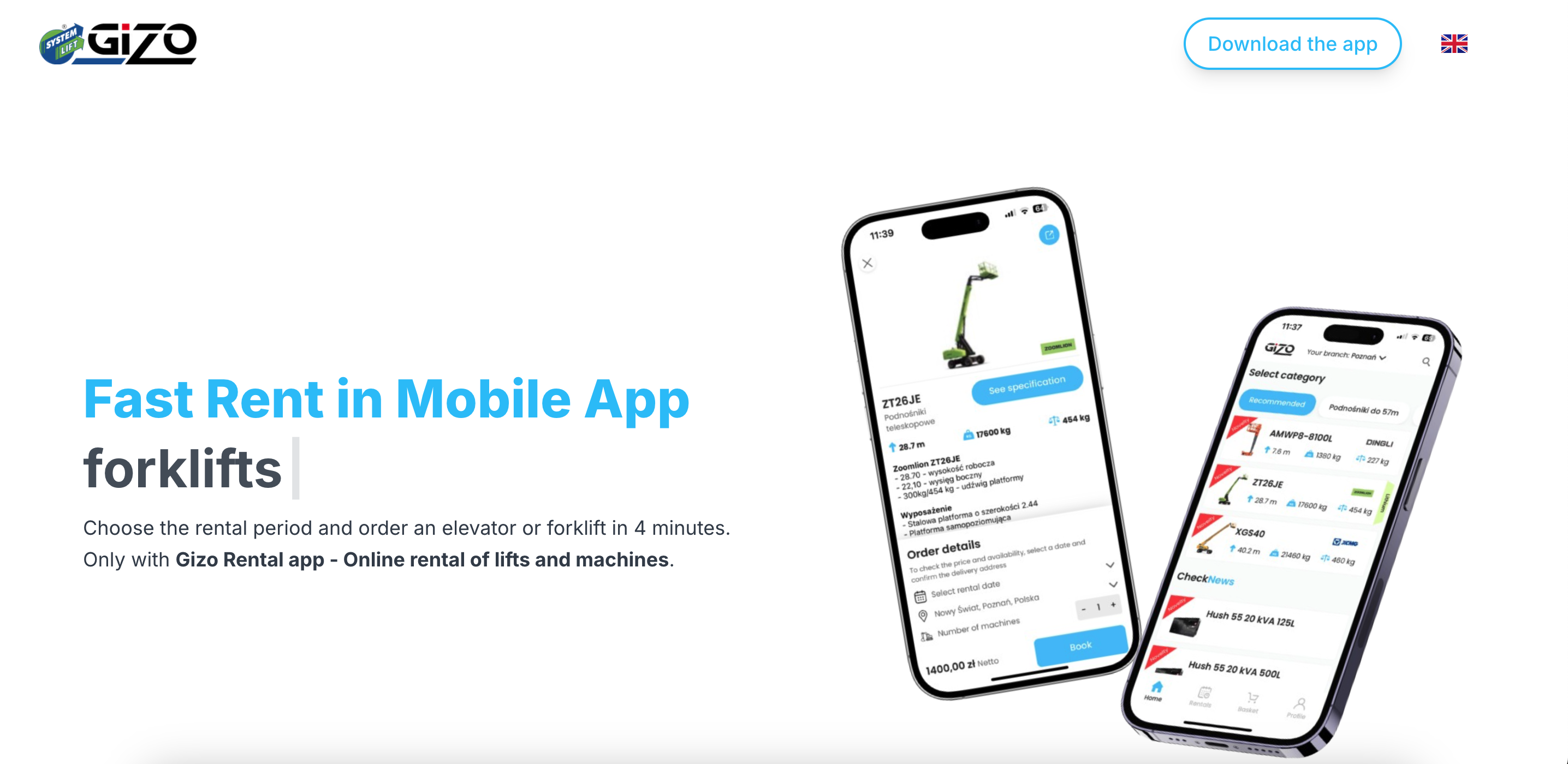 Realizacja landing page dla aplikacji Gizo Rental – Wynajem podnośników i maszyn