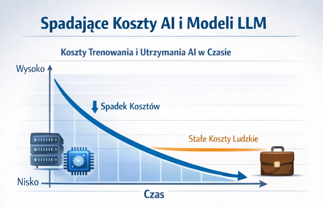 Wykres kosztów AI i modeli LLM w czasie oraz porównanie AI vs człowiek