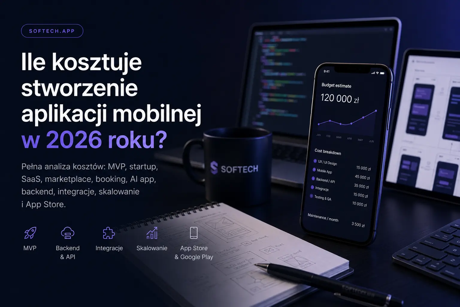 Koszt stworzenia aplikacji mobilnej w 2026 roku obejmującej SaaS, AI, marketplace i startup app development